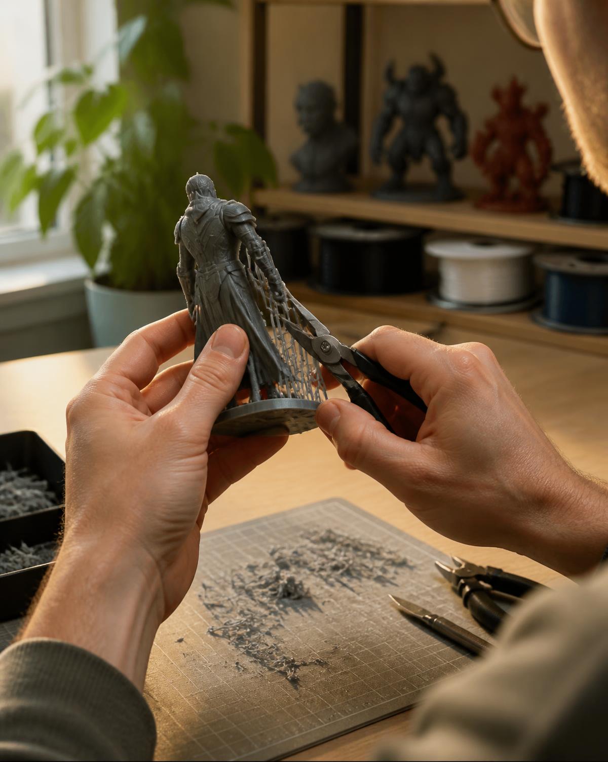 Hands trimming supports off a freshly 3D printed figure at a workbench