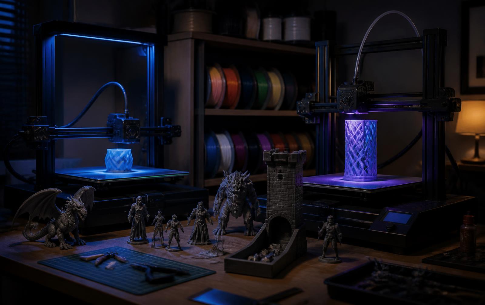 A 3D printing workshop with finished prints on shelves and filament spools
